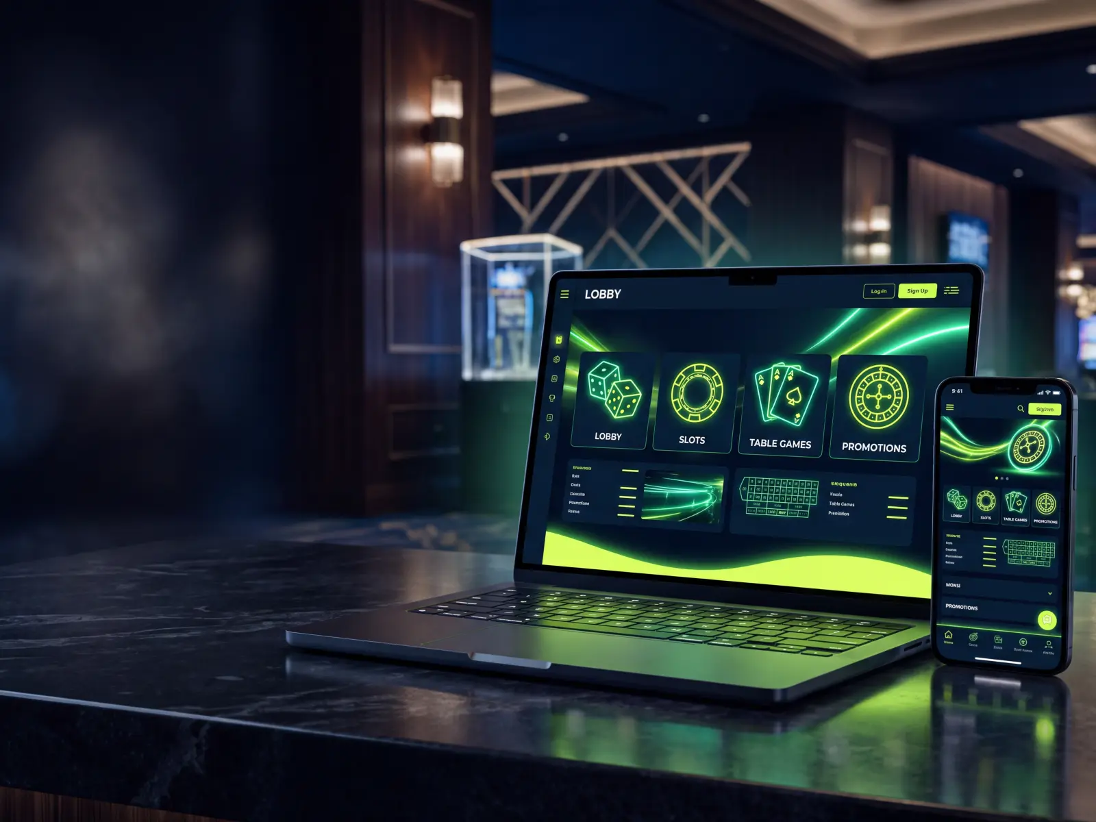 Slotautomaten und Smartphone im Betbong Casino bei Neonlicht